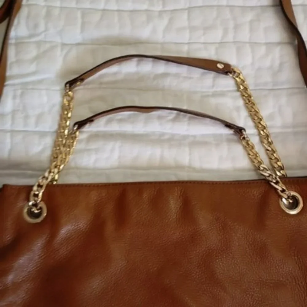 Michael Kors Brown Leather Shoulder Bag With Chain Straps & MK Logo Lining Women